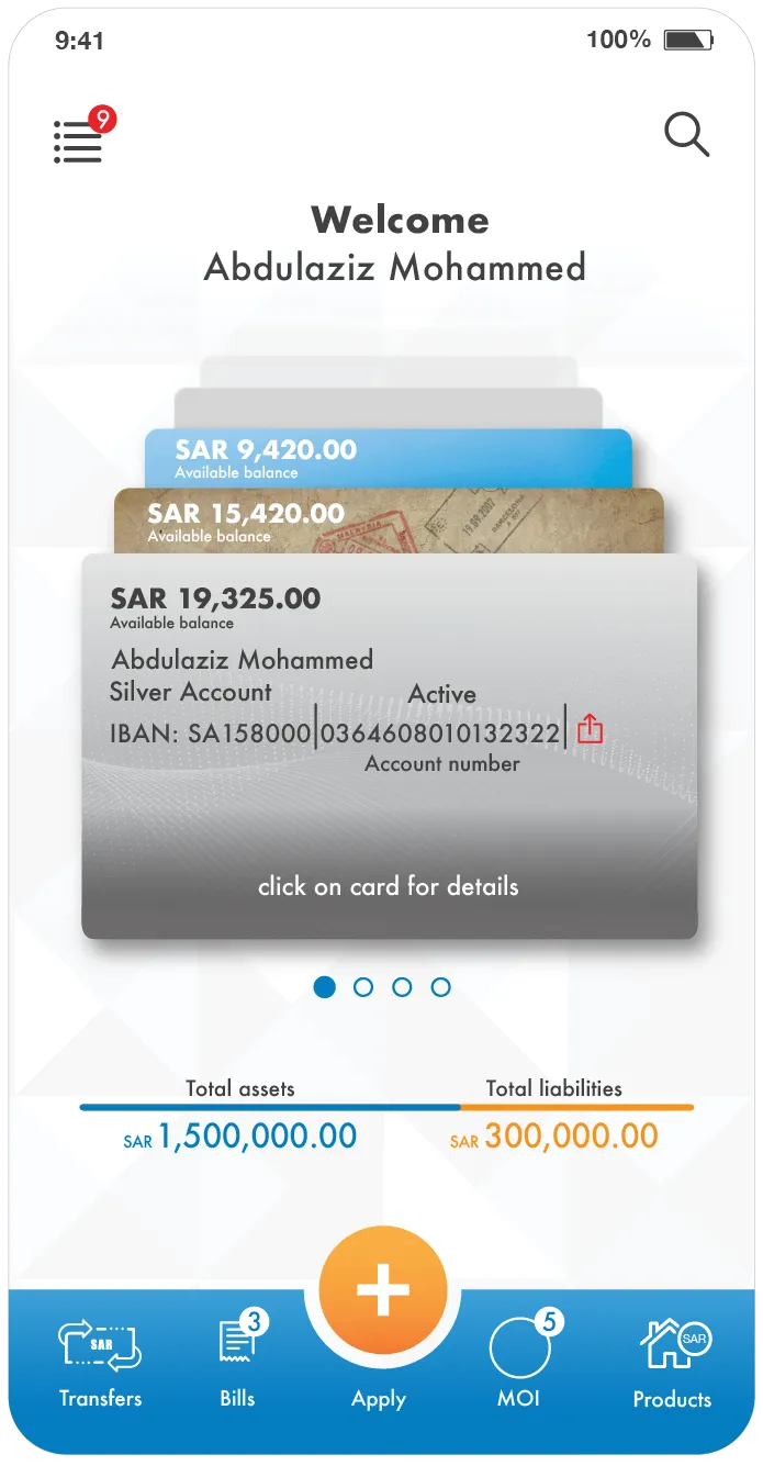 The original ANB home screen: a stack of account cards with a "click on card for details" hint