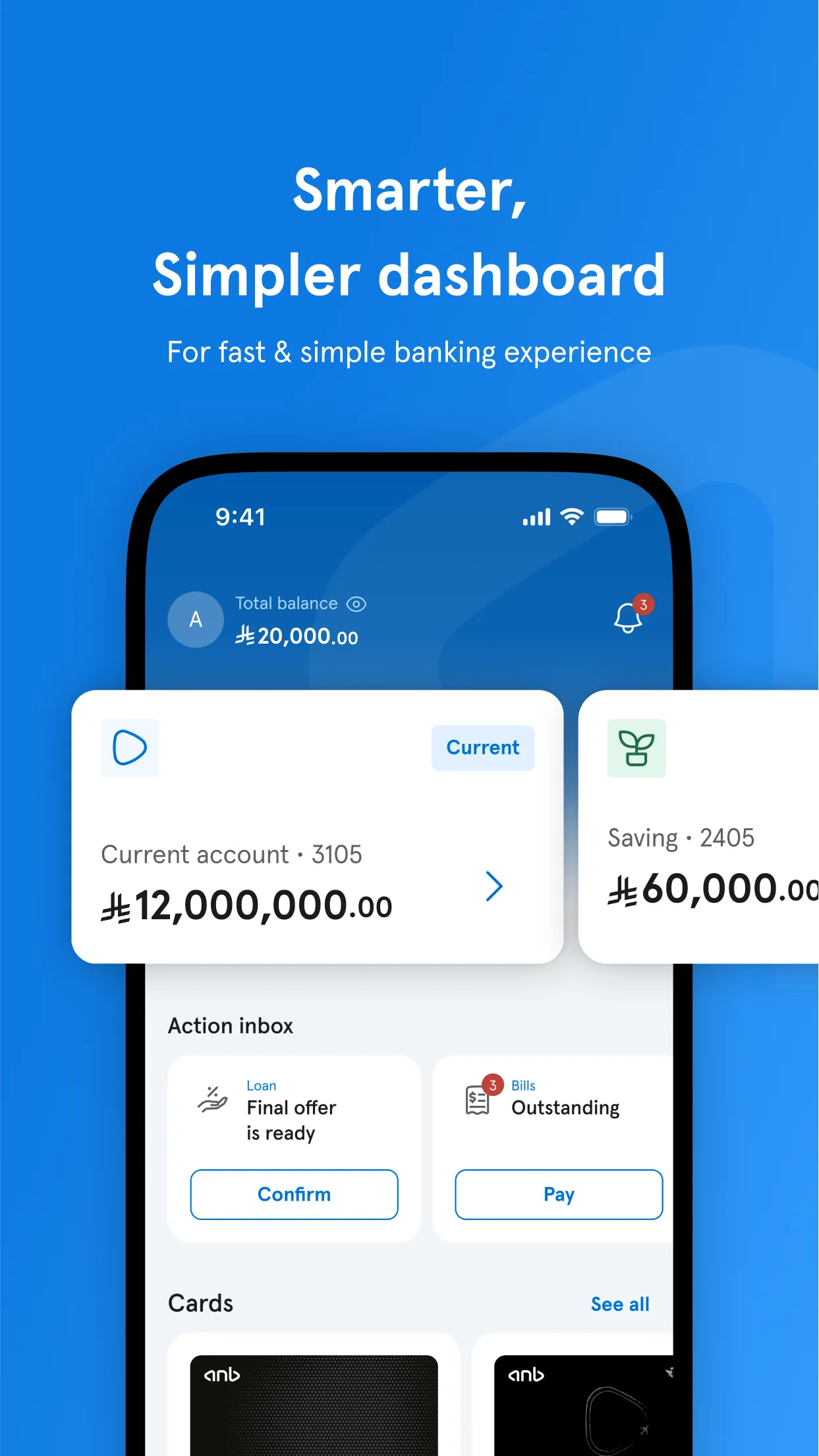 ANB mobile app store screenshot: Smarter, Simpler dashboard