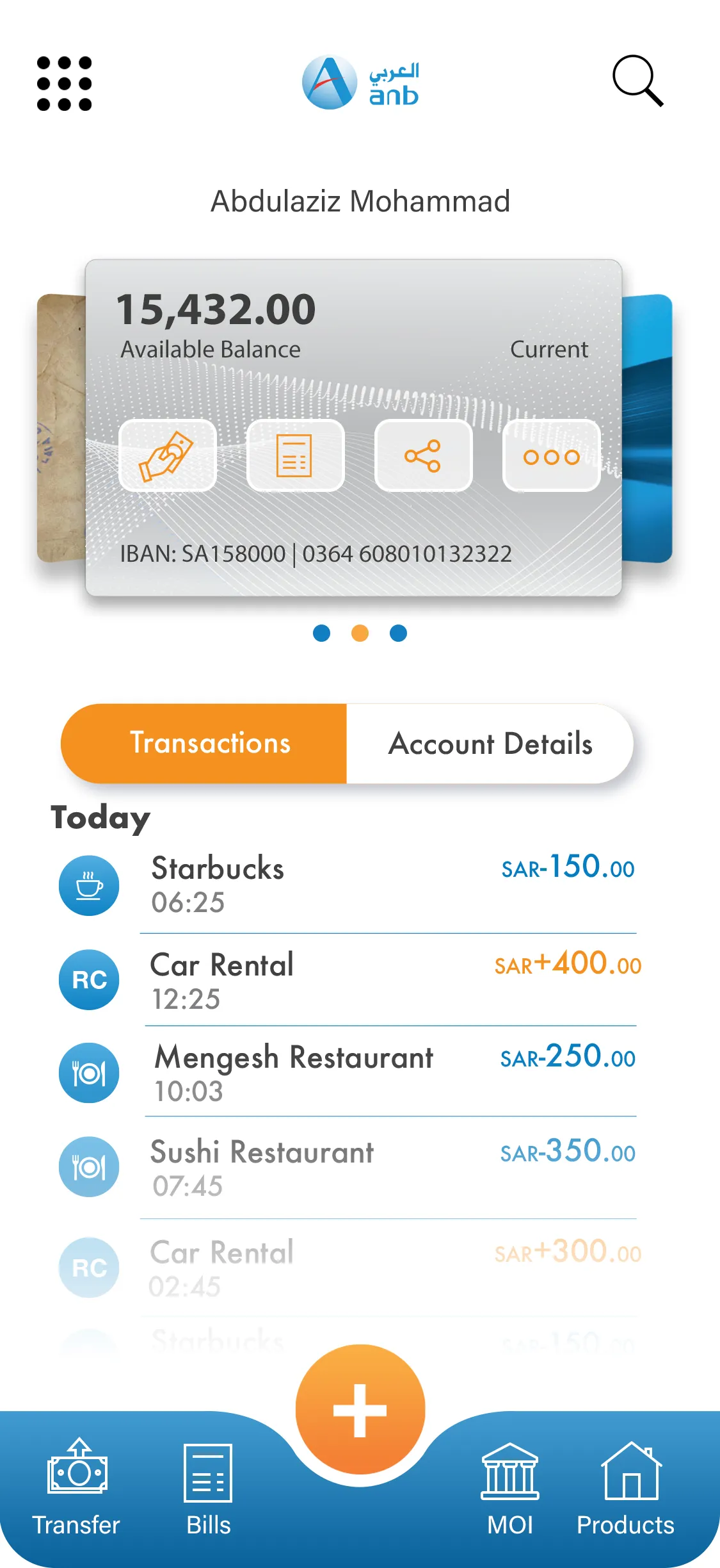Redesigned ANB home screen with balance, quick actions, a Transactions tab and a bottom bar