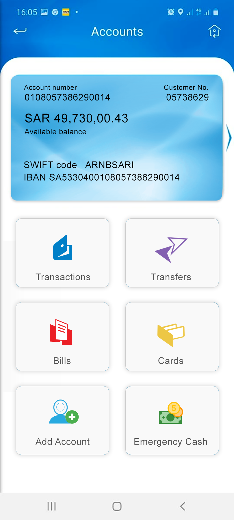 Accounts hub with grouped actions
