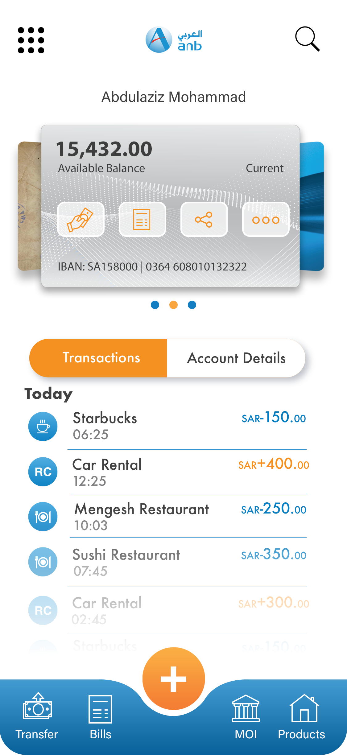 ANB app home screen design with account balance, quick actions and today's transactions