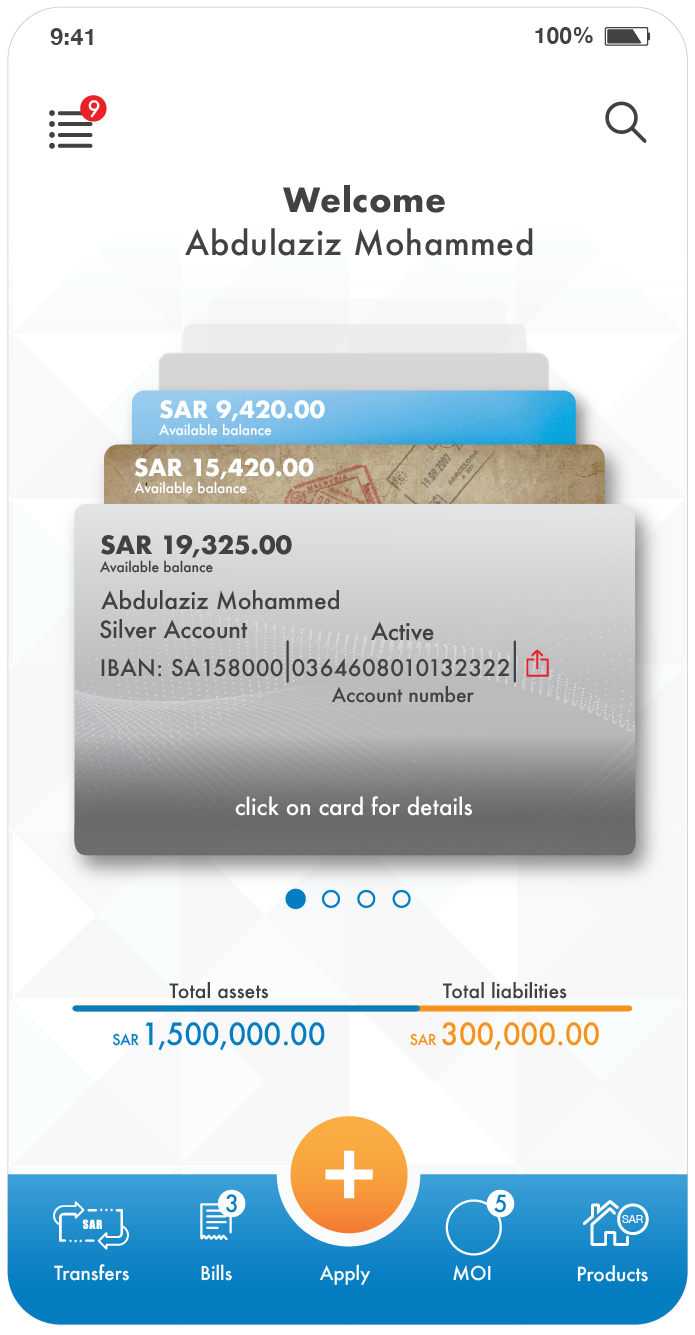 Home screen concept with stacked account cards and quick actions