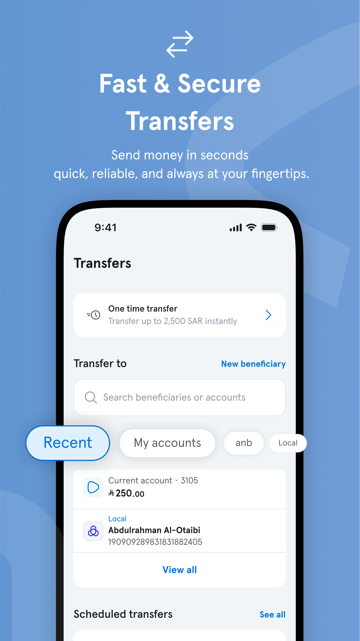 App store screenshot: Fast and Secure Transfers, showing the transfers screen