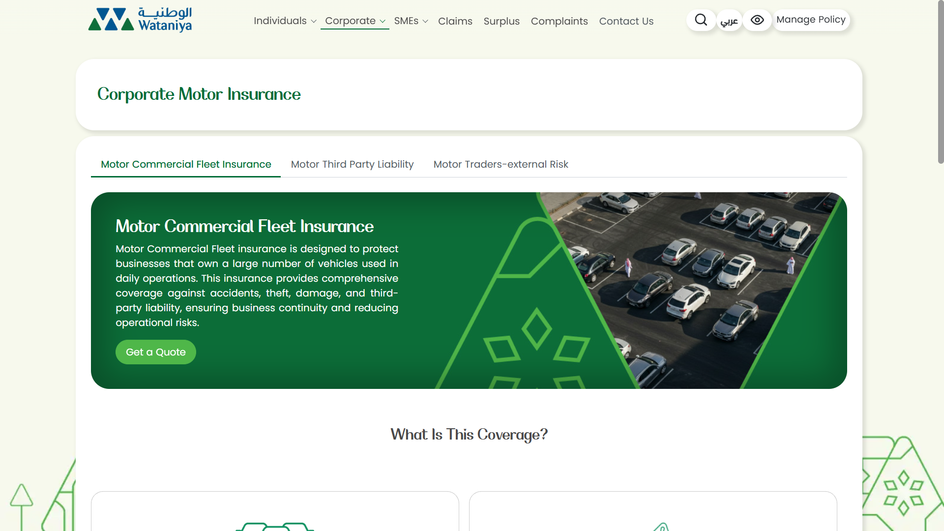 Corporate Motor Insurance page describing Motor Commercial Fleet Insurance